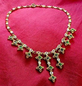 Marie Antoinette Necklace worked in Hubble stitch with tiny Swarovski rivolis, bicones and freshwater seed pearls.